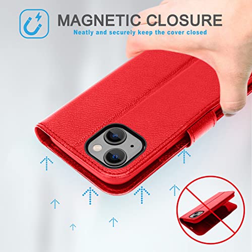 [Leather Wallet Case] Genuine Leather [RFID Blocking] Magnetic Flip Case with Card & Slots and Stand For iPhone 14 Plus