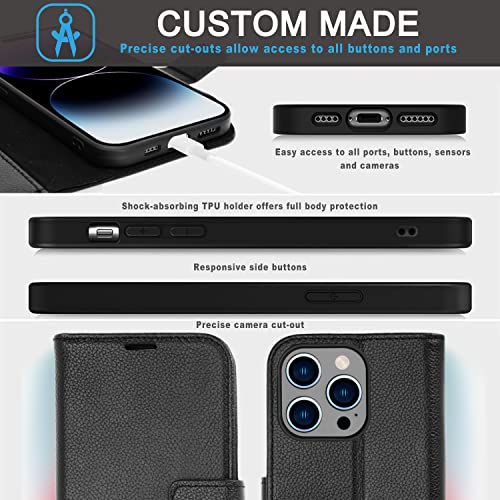 [Leather Wallet Case] Genuine Leather [RFID Blocking] Magnetic Flip Case with Card & Slots and Stand For iPhone 14 Pro Max