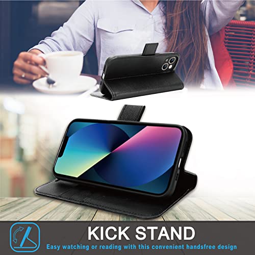 [Leather Wallet Case] Genuine Leather [RFID Blocking] Magnetic Flip Case with Card & Slots and Stand For iPhone 13 6.1"
