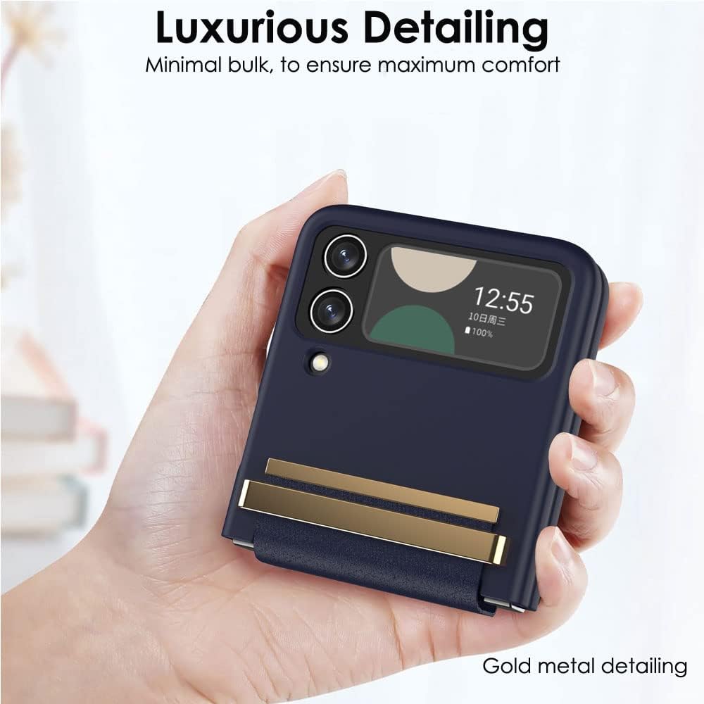 Samsung Galaxy Z Flip 4 Screen Protector Case, Z Flip 4 Case with Stylish Leather Hinge & Metal Trim, Hard PC Shockproof [Screen Protector] Case