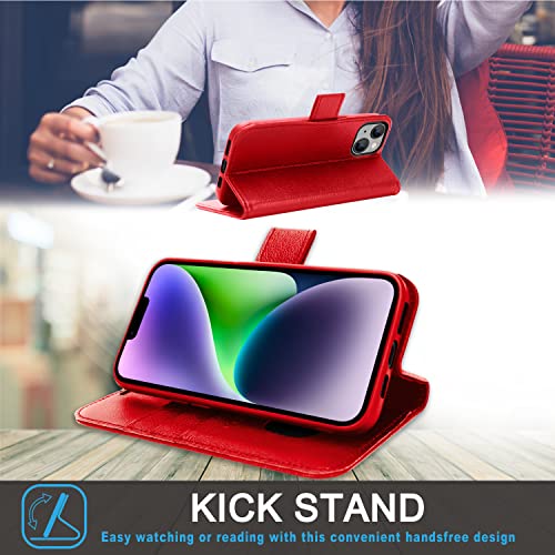 [Leather Wallet Case] Genuine Leather [RFID Blocking] Magnetic Flip Case with Card & Slots and Stand For iPhone 14 6.1"
