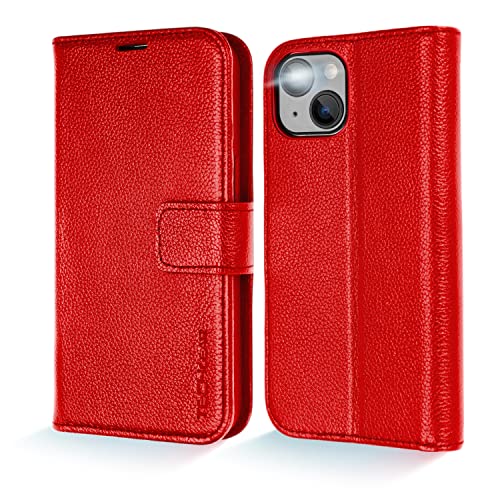 [Leather Wallet Case] Genuine Leather [RFID Blocking] Magnetic Flip Case with Card & Slots and Stand For iPhone 14 6.1"