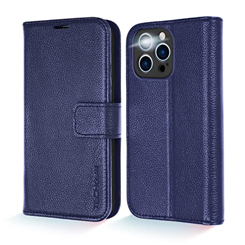 [Leather Wallet Case] Genuine Leather [RFID Blocking] Magnetic Flip Case with Card & Slots and Stand For iPhone 13 Pro