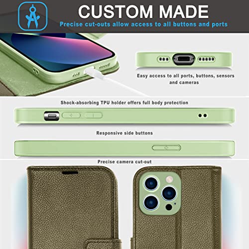 [Leather Wallet Case] Genuine Leather [RFID Blocking] Magnetic Flip Case with Card & Slots and Stand For iPhone 13 Pro