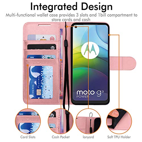 [Wallet Case] Protective Cover with Cash & Card Holder, Stand and Wrist Strap For Motorola Moto G9 Power