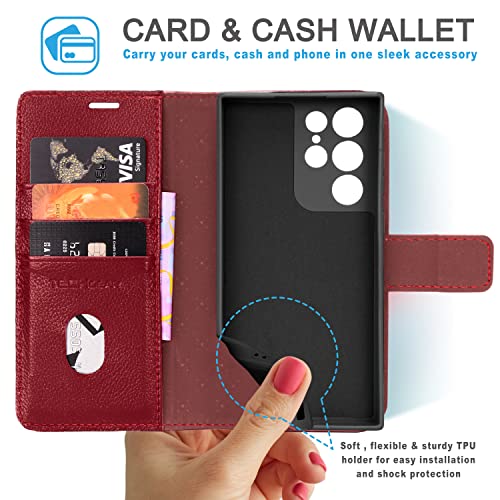 [Leather Wallet Case] Genuine Leather [RFID Blocking] Magnetic Flip Case with Card & Slots and Stand For Samsung Galaxy S22 Ultra