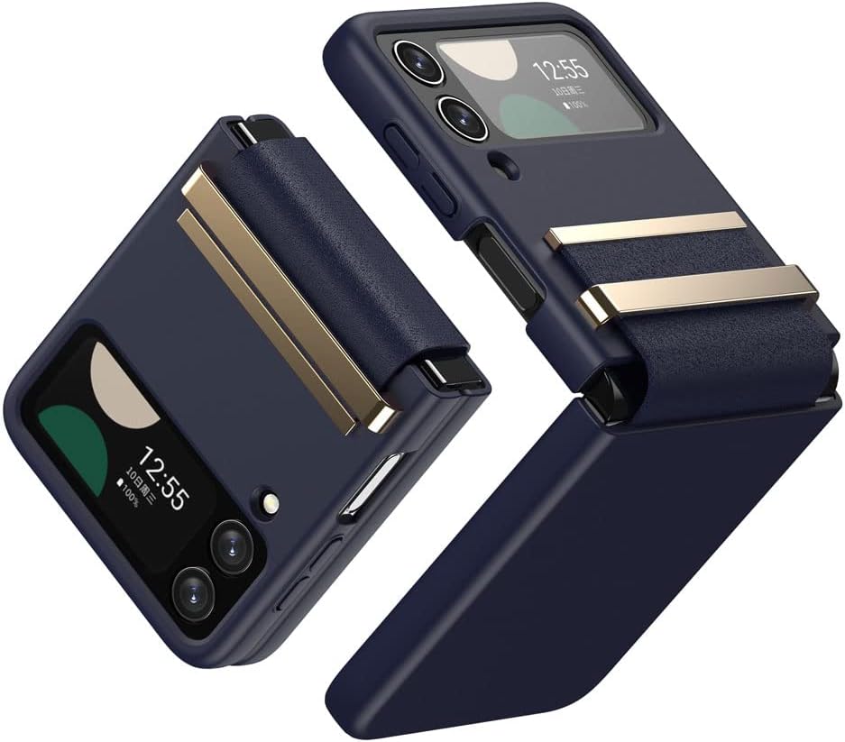 Samsung Galaxy Z Flip 4 Screen Protector Case, Z Flip 4 Case with Stylish Leather Hinge & Metal Trim, Hard PC Shockproof [Screen Protector] Case