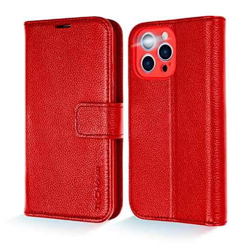 [Leather Wallet Case] Genuine Leather [RFID Blocking] Magnetic Flip Case with Card & Slots and Stand For iPhone 13 Pro