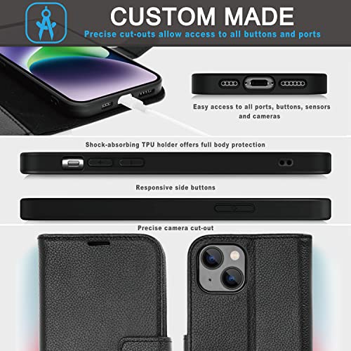 [Leather Wallet Case] Genuine Leather [RFID Blocking] Magnetic Flip Case with Card & Slots and Stand For iPhone 14 6.1"