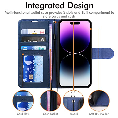 [Wallet Case] Protective Cover with Cash & Card Holder, Stand and Wrist Strap For Apple iPhone 14 Pro