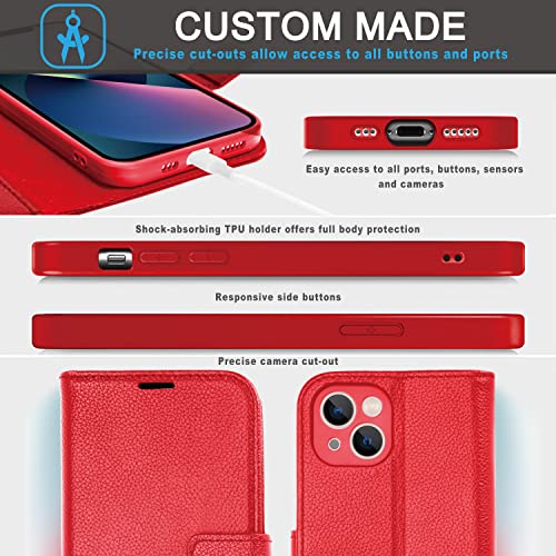 [Leather Wallet Case] Genuine Leather [RFID Blocking] Magnetic Flip Case with Card & Slots and Stand For iPhone 13 6.1"