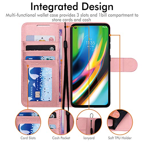 [Wallet Case] Protective Cover with Cash & Card Holder, Stand and Wrist Strap For Motorola Moto G9 Plus