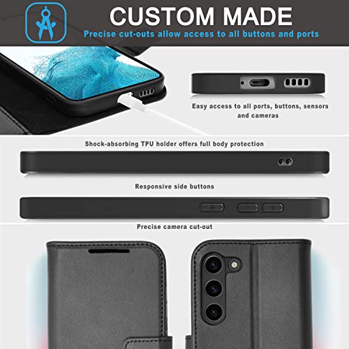 [Leather Wallet Case] Genuine Leather [RFID Blocking] Magnetic Flip Case with Card & Slots and Stand For Samsung Galaxy S23 Plus