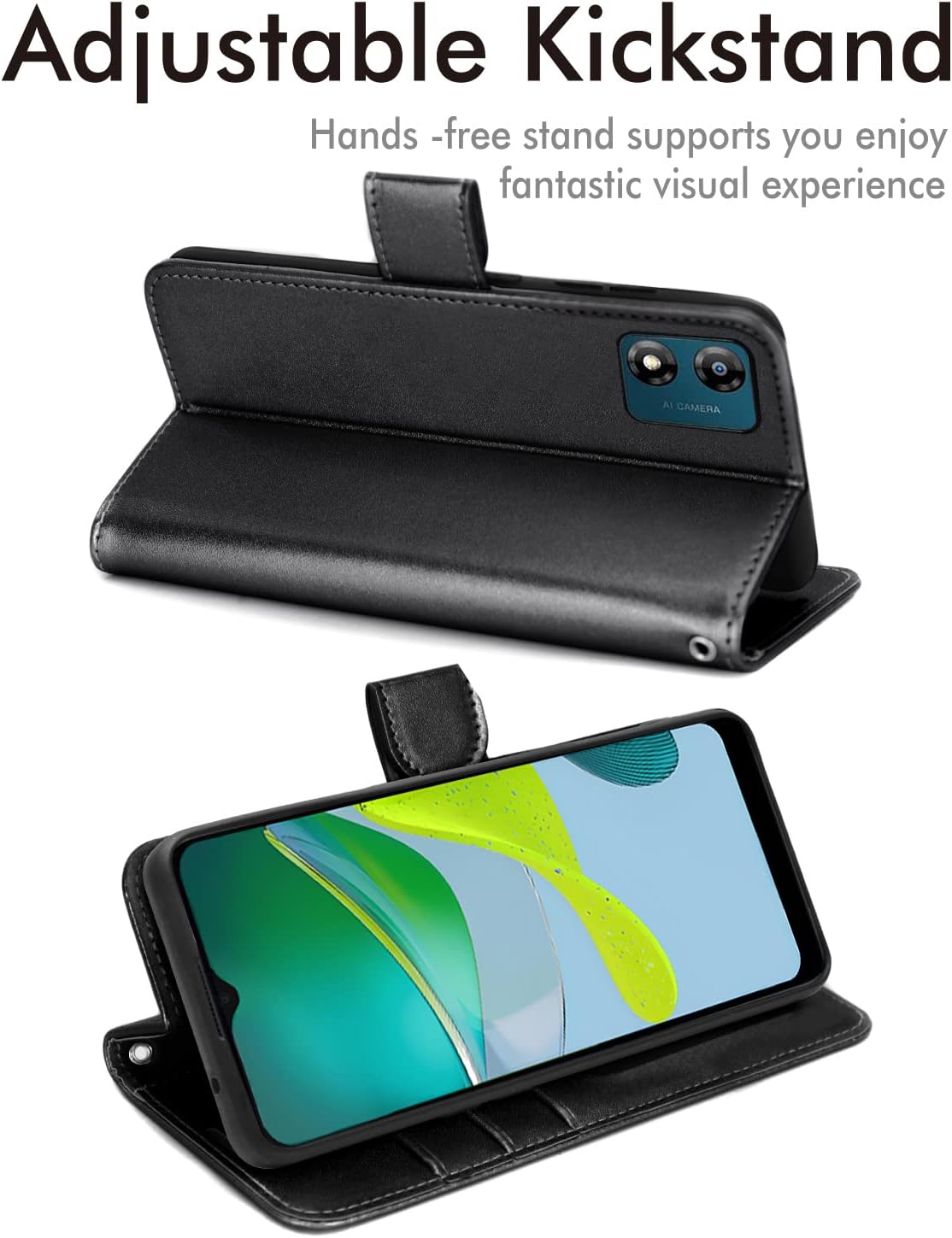 [Wallet Case] Protective Cover with Cash & Card Holder, Stand and Wrist Strap For Motorola Moto E13