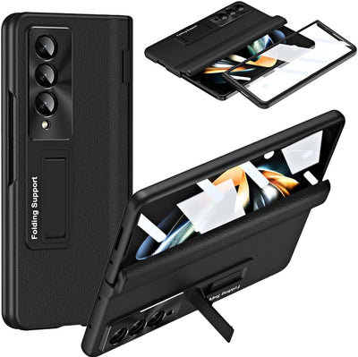 Samsung Galaxy Z Fold 4 Case Screen Protector Phone Case with Hinge Protection, Leather Fit Cover with Built-in Glass Screen Protector & Kickstand