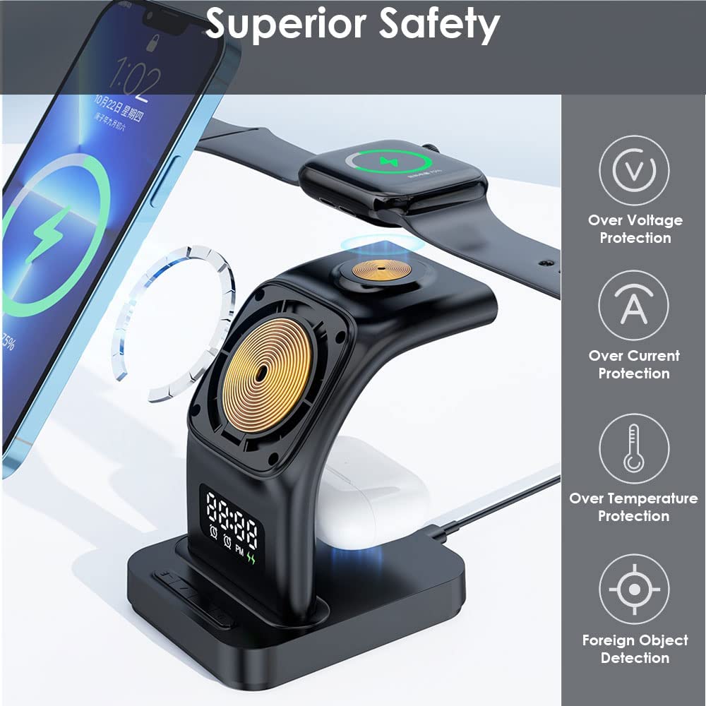5 in1 Wireless Charging Station Alarm & Light, 15W Wireless MagSafe Charging Stand