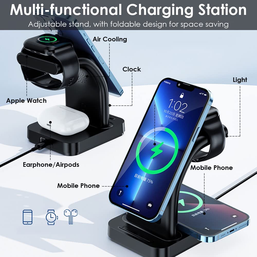 5 in1 Wireless Charging Station Alarm & Light, 15W Wireless MagSafe Charging Stand