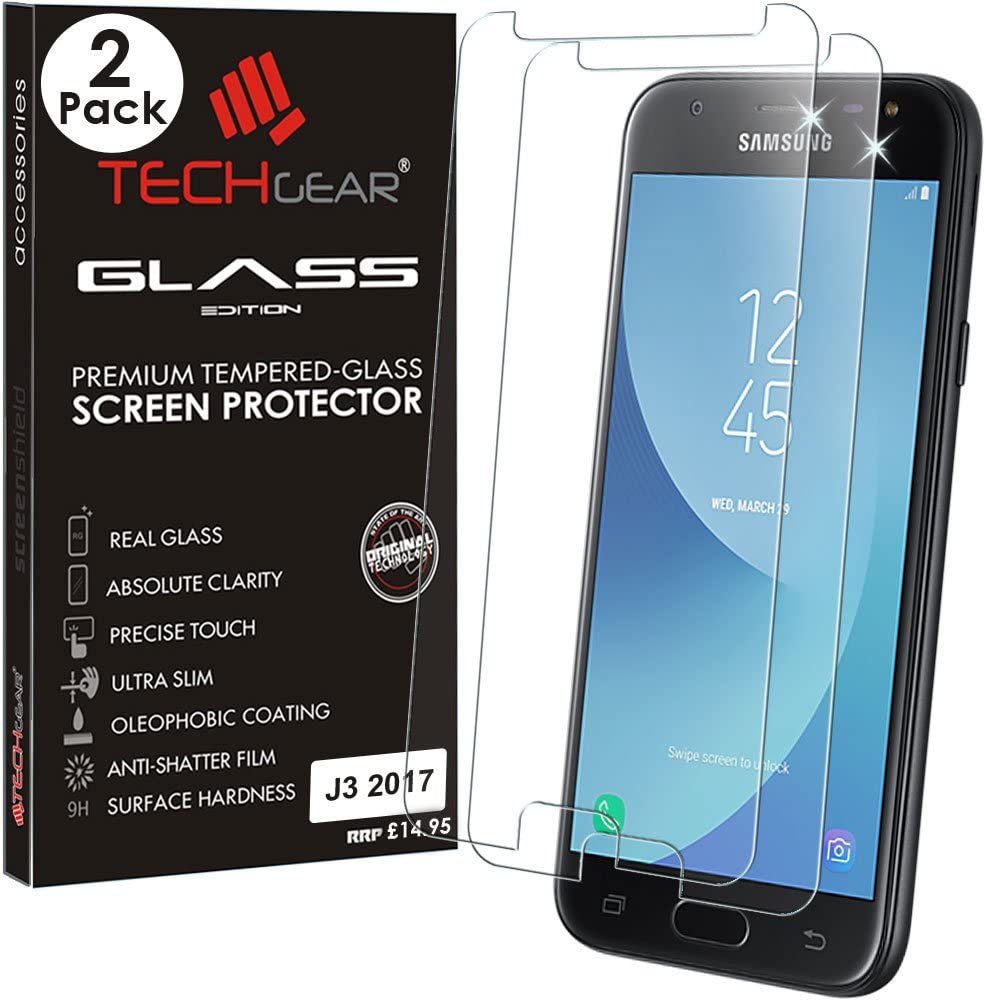 [2 Pack] TECHGEAR GLASS Edition for Galaxy J3 2017 (SM-J330 Series) - Genuine Tempered Glass Screen Protector s Compatible with Samsung Galaxy J3 2017