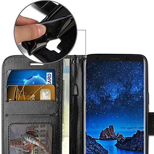 [Wallet Case] Protective Cover with Cash & Card Holder, Stand and Wrist Strap For Samsung Galaxy S9