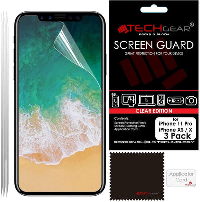 [3 Pack] TECHGEAR Screen Protectors for iPhone 11 Pro, iPhone XS - Clear Lcd Screen Protector with Cleaning Cloth & Application Card