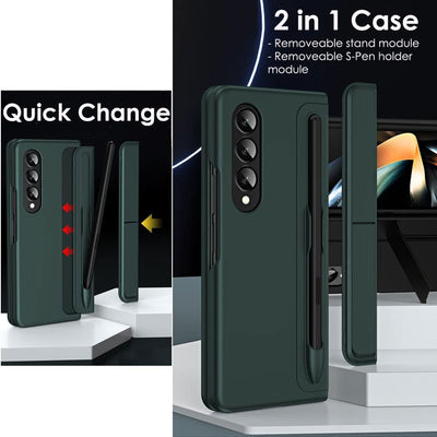 Samsung Galaxy Z Fold 4 Phone Case, [Interchangeable S-Pen Holder / Kickstand] [Front Screen Frame] Ultra-thin Hard PC Bumper Full Protective Cover