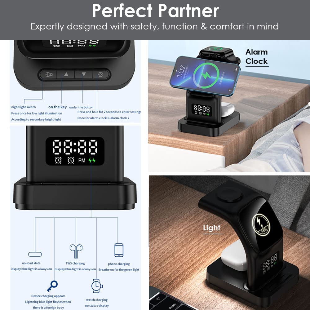 5 in1 Wireless Charging Station Alarm & Light, 15W Wireless MagSafe Charging Stand