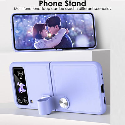 Samsung Galaxy Z Flip 4 / Flip 3 Case, Z Flip 4/3 Leather Case with Leather Finger Holder, Hard PC Shockproof Protective Bumper Case