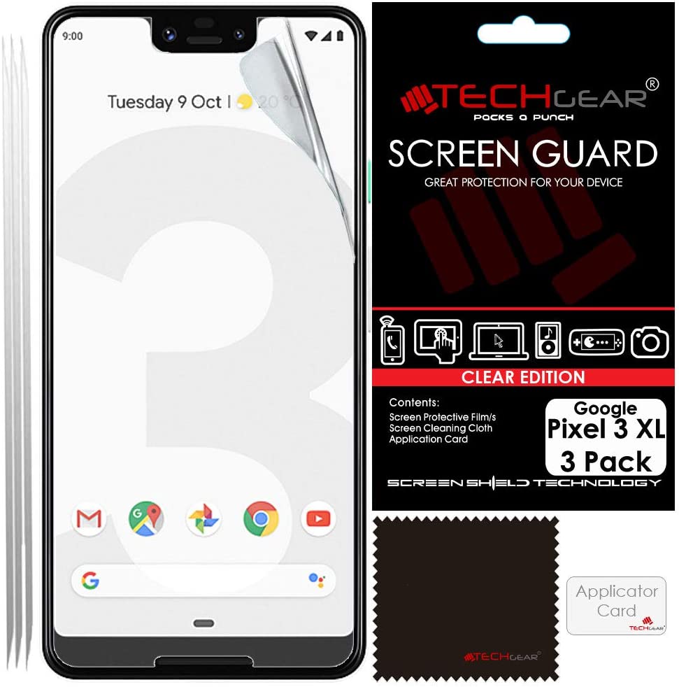 [3 Pack] TECHGEAR Screen Protectors for Pixel 3 XL- Clear Lcd Screen Protector with Cleaning Cloth & Application Card