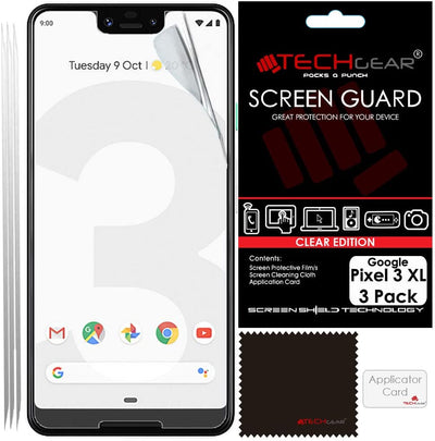 [3 Pack] TECHGEAR Screen Protectors for Pixel 3 XL- Clear Lcd Screen Protector with Cleaning Cloth & Application Card