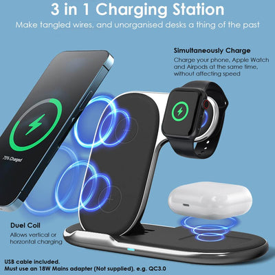 3 in1 Wireless Travel Charger Station, 15W Fast Wireless Folding Charging Dock Stand