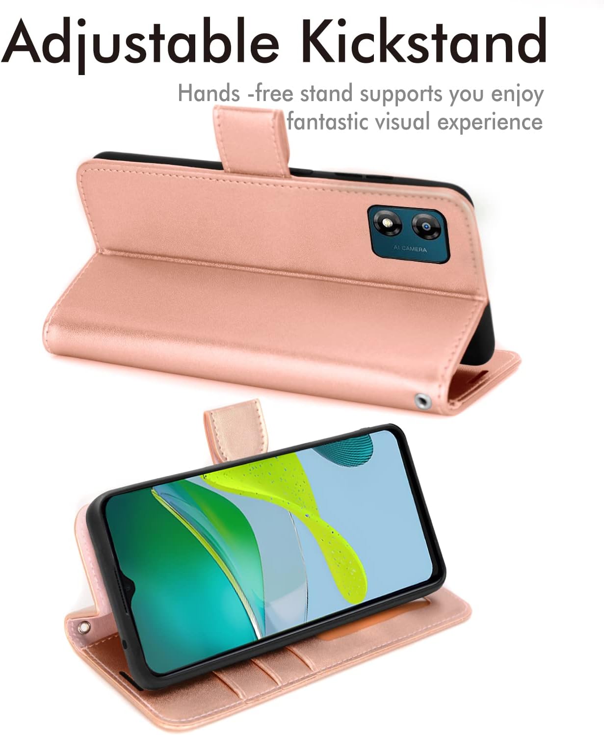 [Wallet Case] Protective Cover with Cash & Card Holder, Stand and Wrist Strap For Motorola Moto E13