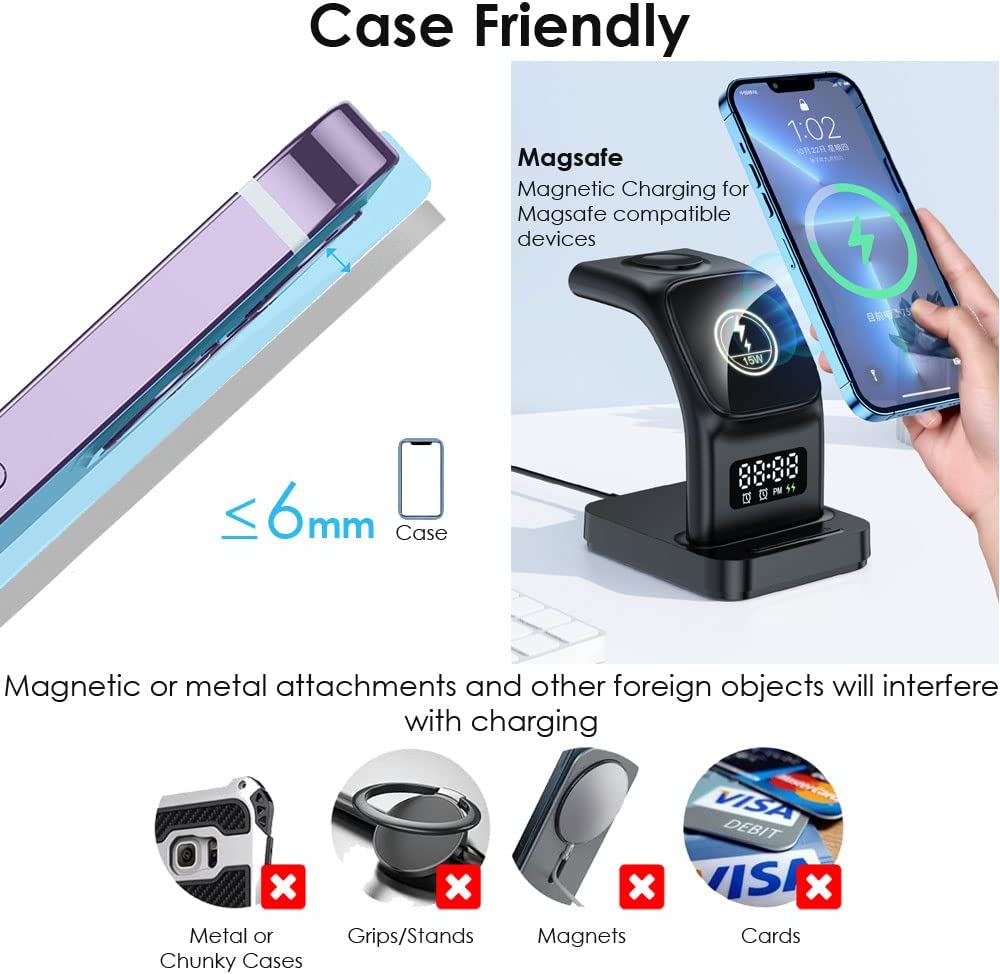 5 in1 Wireless Charging Station Alarm & Light, 15W Wireless MagSafe Charging Stand