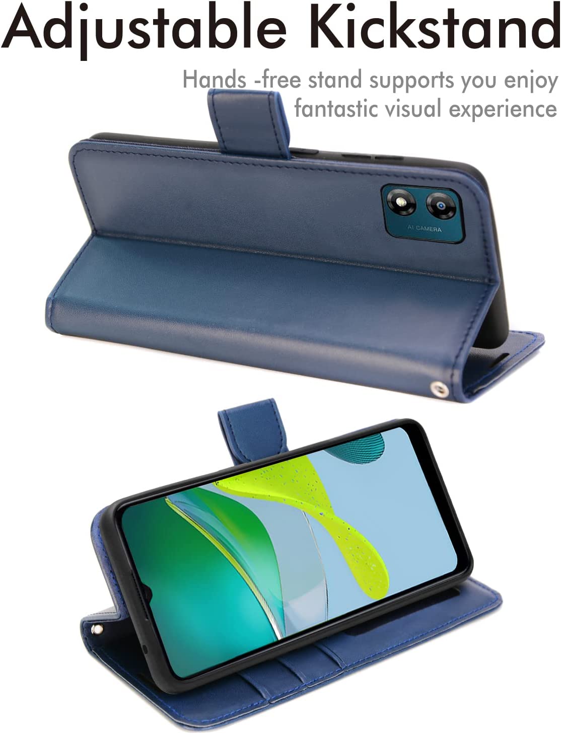 [Wallet Case] Protective Cover with Cash & Card Holder, Stand and Wrist Strap For Motorola Moto E13