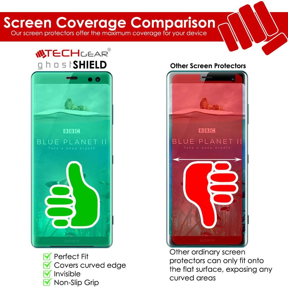 [2 Pack] TECHGEAR Screen Protectors for Sony Xperia XZ3 [ghostSHIELD Edition] Reinforced TPU Screen Protector FULL Screen Coverage [Edges Protection]