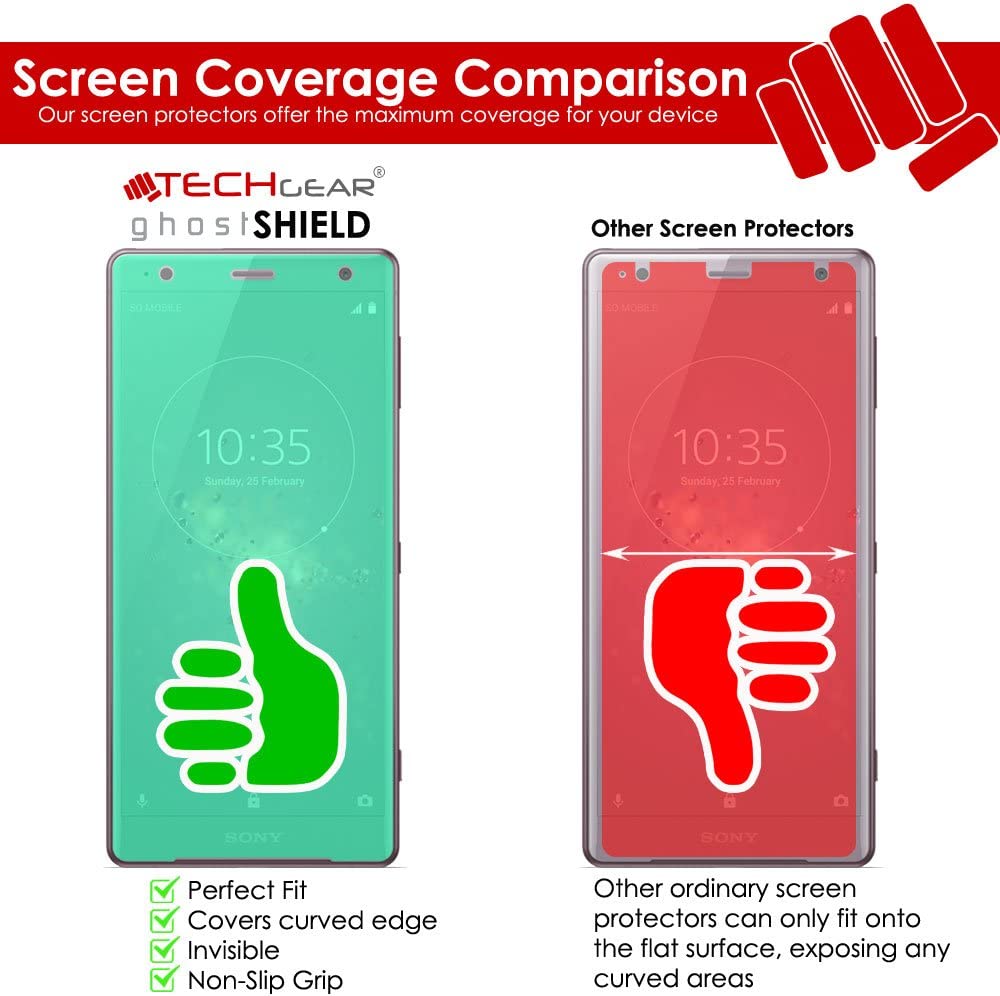 [3 Pack] TECHGEAR Screen Protectors to fit Sony Xperia XZ2 [ghostSHIELD Edition] TPU Screen Protector with Full Screen Coverage inc Curved Screen