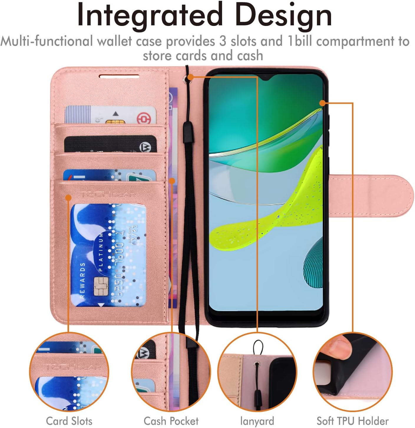 [Wallet Case] Protective Cover with Cash & Card Holder, Stand and Wrist Strap For Motorola Moto E13