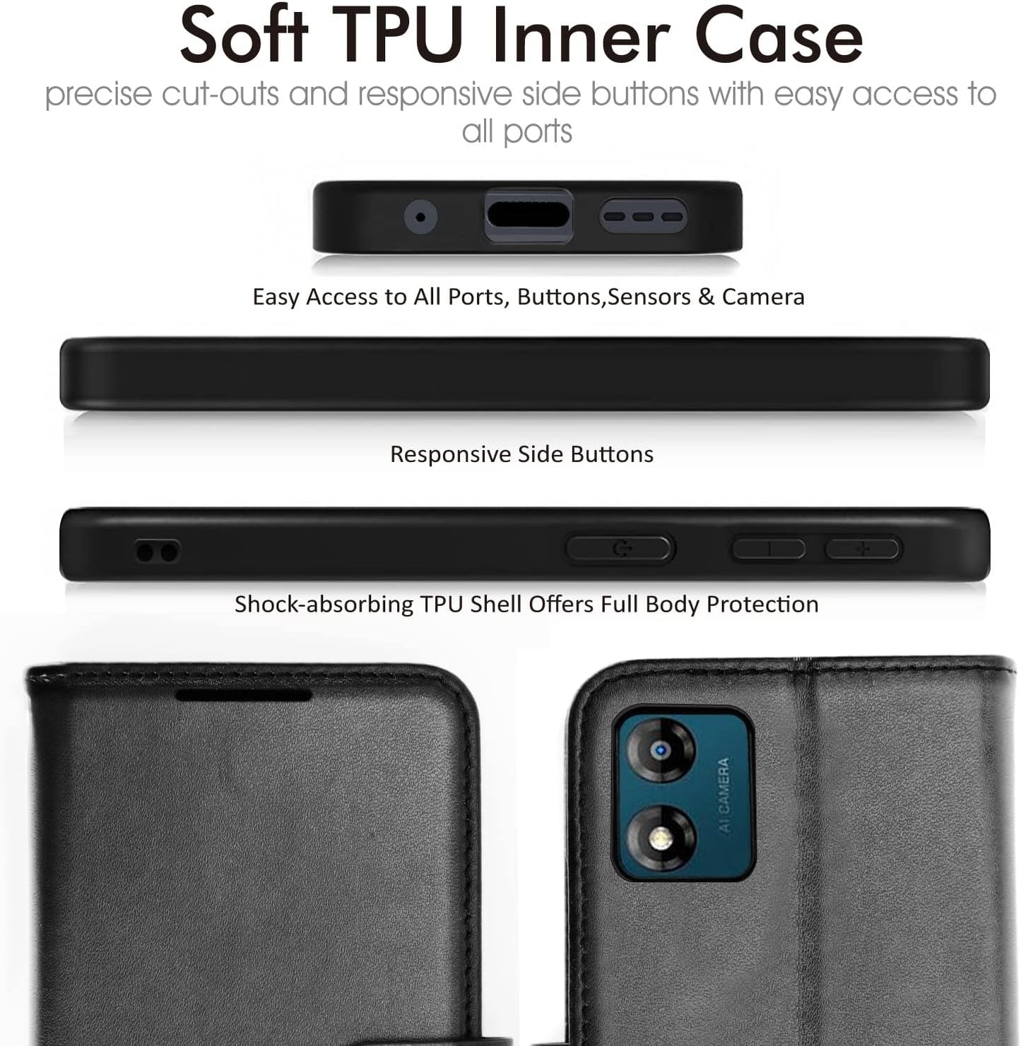 [Wallet Case] Protective Cover with Cash & Card Holder, Stand and Wrist Strap For Motorola Moto E13