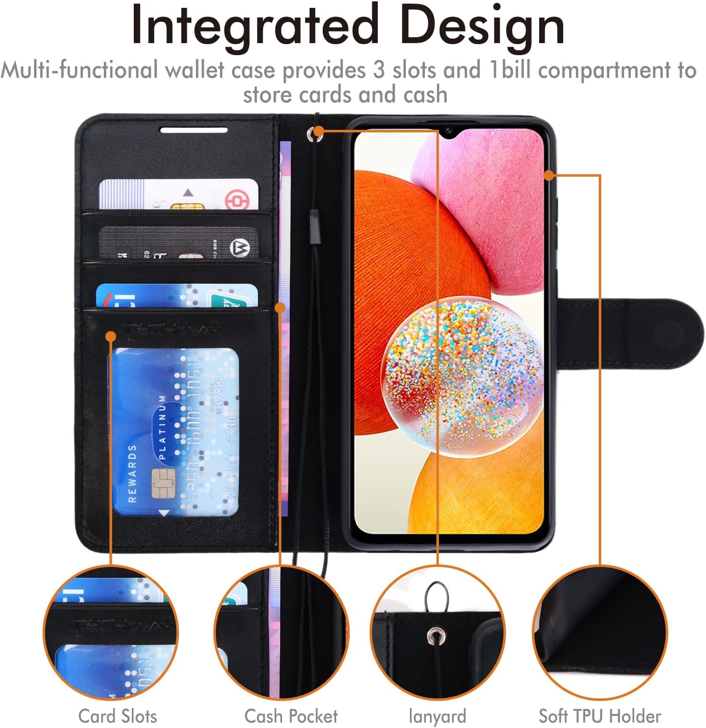 [Wallet Case] Protective Cover with Cash & Card Holder, Stand and Wrist Strap For Samsung A14 5G