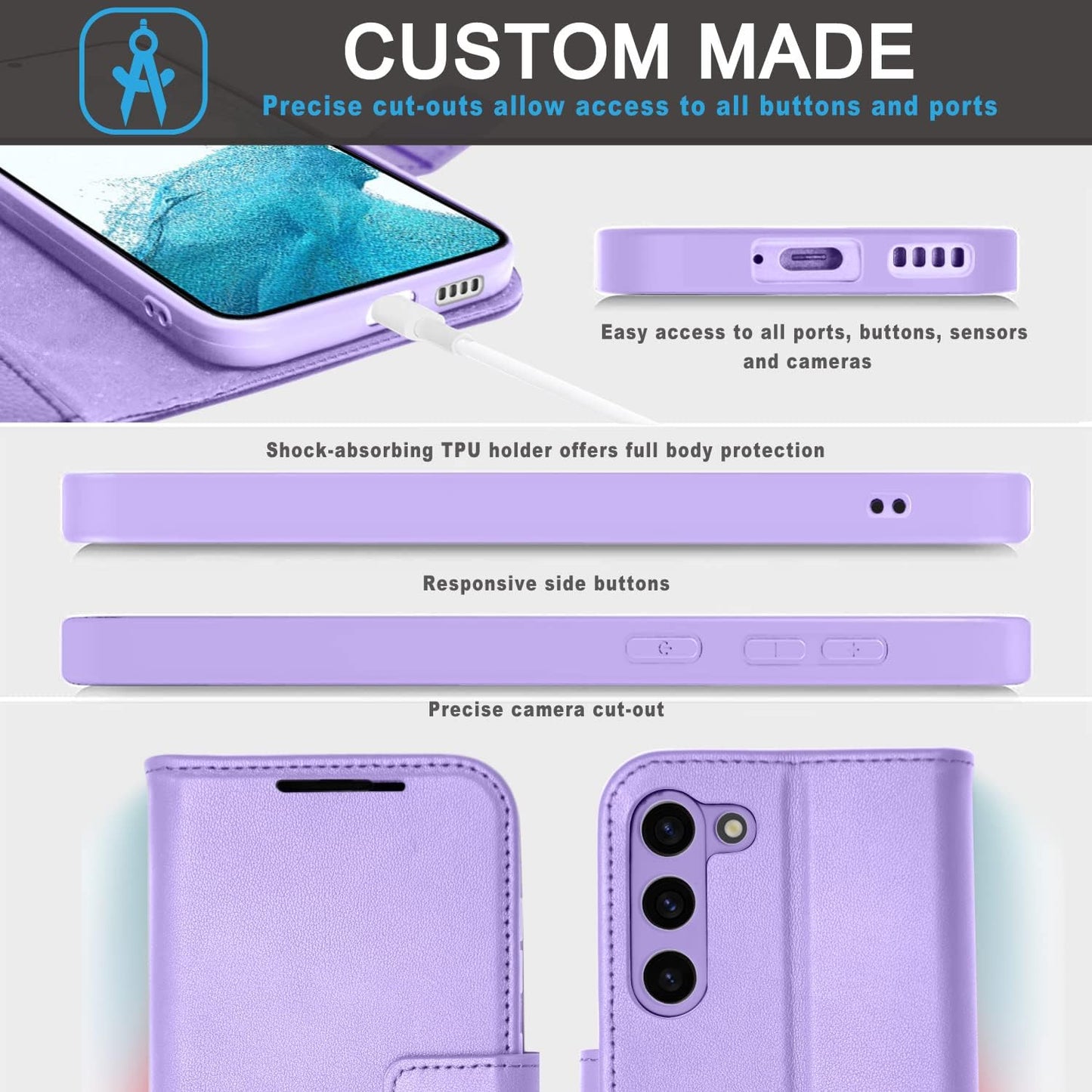 [Leather Wallet Case] Genuine Leather [RFID Blocking] Magnetic Flip Case with Card & Slots and Stand For Samsung Galaxy S23