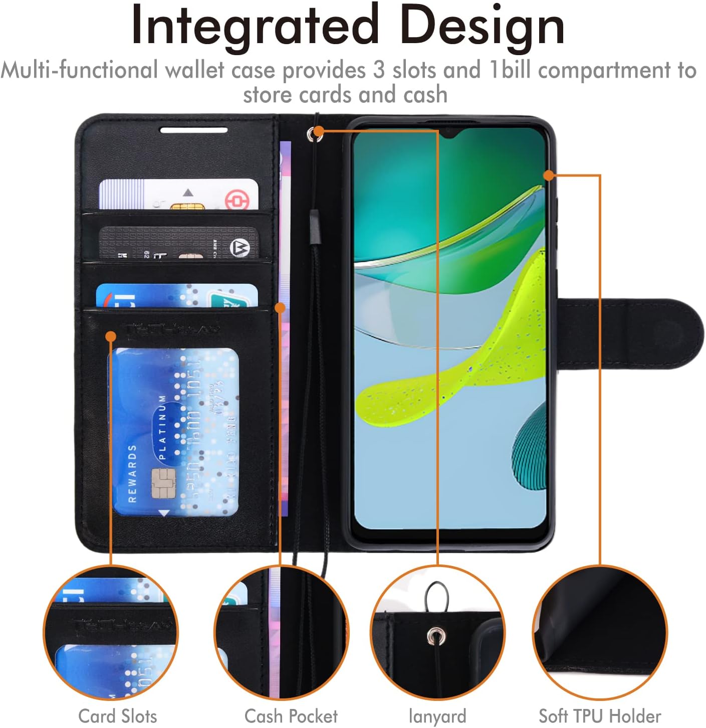[Wallet Case] Protective Cover with Cash & Card Holder, Stand and Wrist Strap For Motorola Moto E13