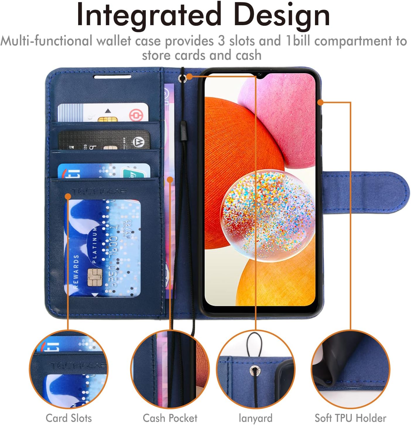 [Wallet Case] Protective Cover with Cash & Card Holder, Stand and Wrist Strap For Samsung A14 5G