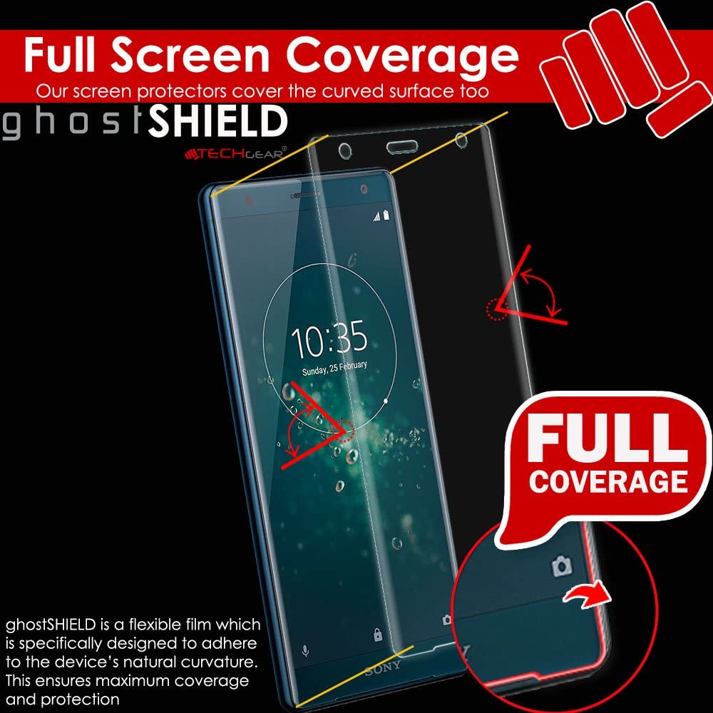 [3 Pack] TECHGEAR Screen Protectors to fit Sony Xperia XZ2 [ghostSHIELD Edition] TPU Screen Protector with Full Screen Coverage inc Curved Screen