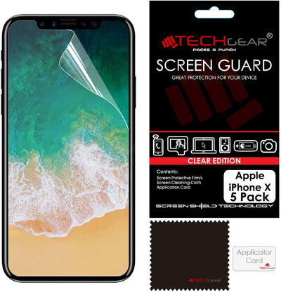 [5 Pack] TECHGEAR Screen Protectors for iPhone 11 Pro, iPhone XS, X Clear Lcd Screen Protector with Cloth & Application Card
