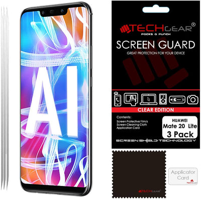 [3 Pack] TECHGEAR Screen Protectors fit Huawei Mate 20 Lite - Clear Lcd Screen Protector with Cleaning Cloth & Application Card