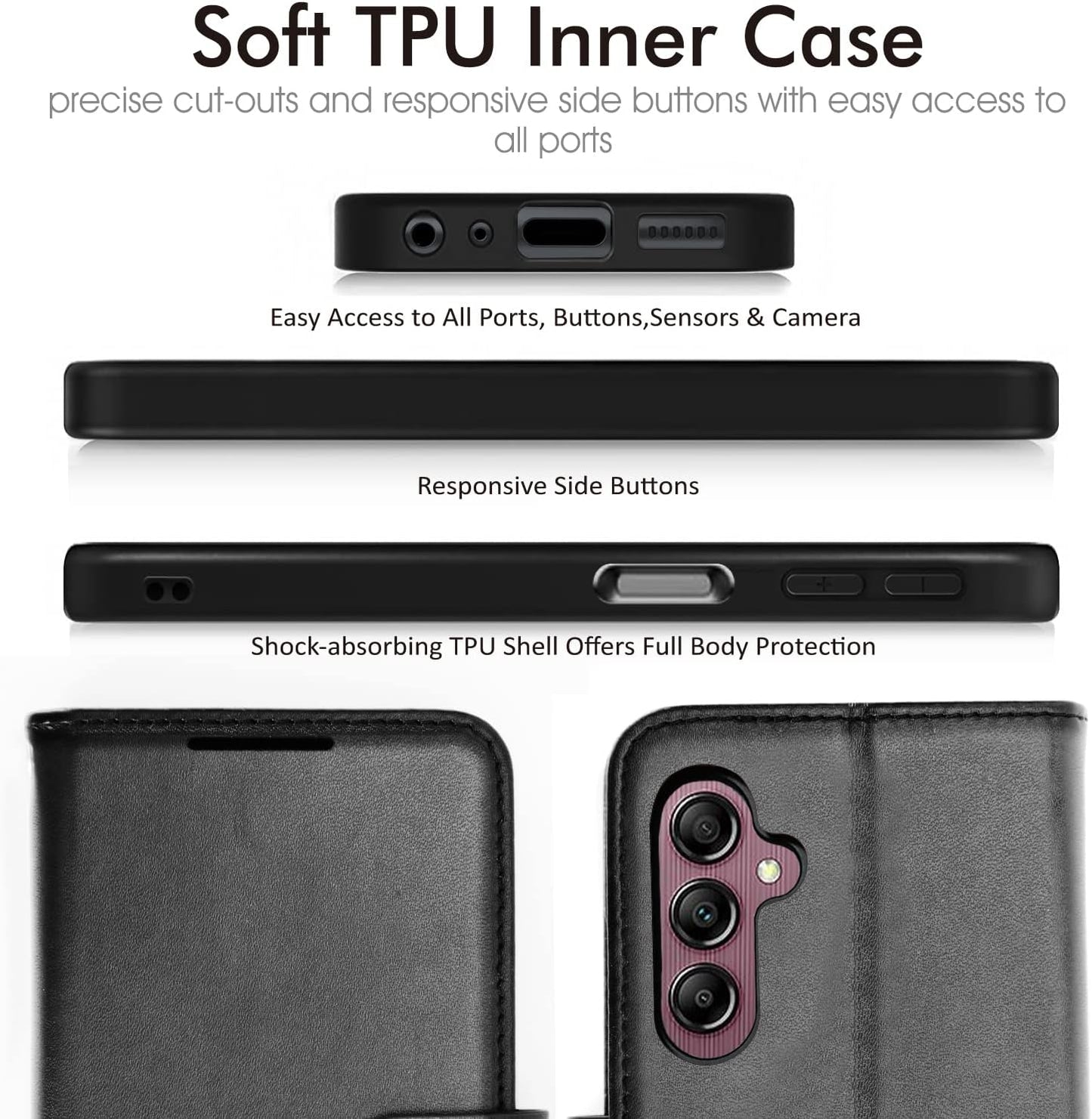 [Wallet Case] Protective Cover with Cash & Card Holder, Stand and Wrist Strap For Samsung A14 5G