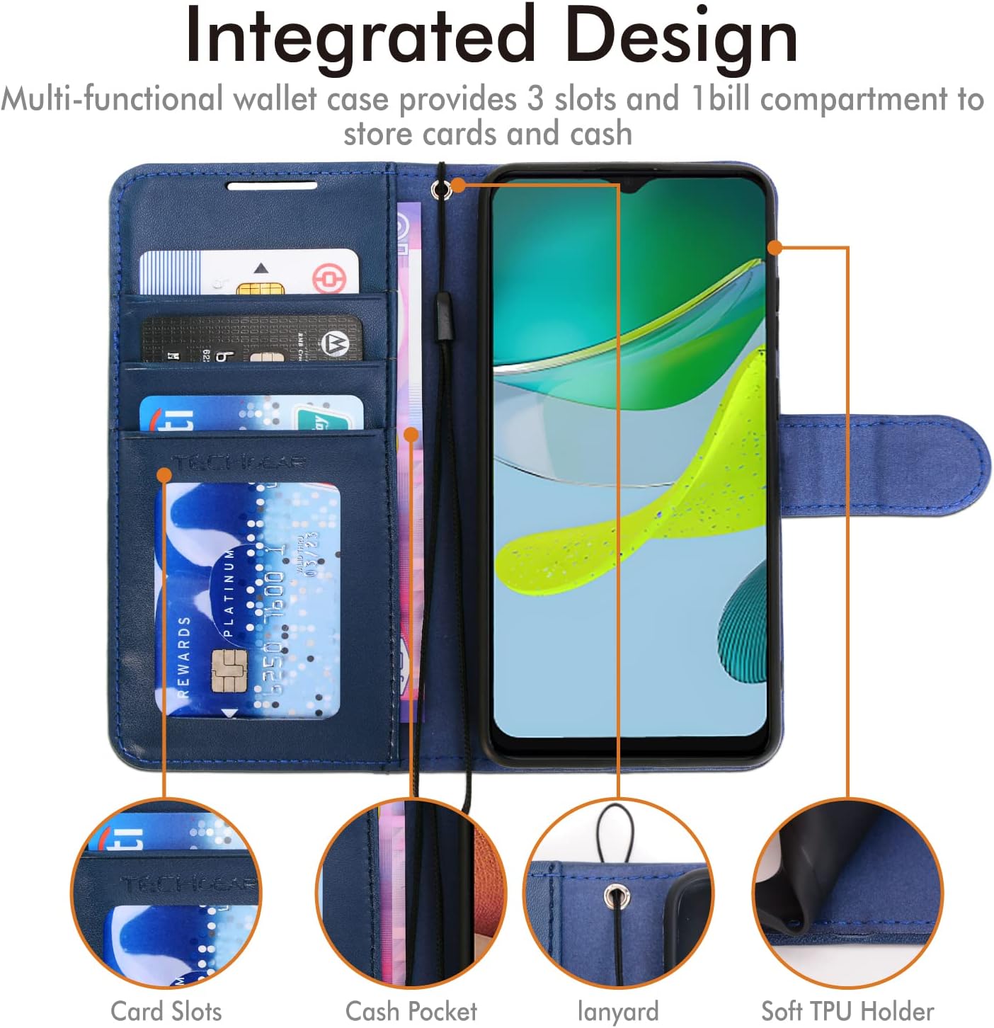 [Wallet Case] Protective Cover with Cash & Card Holder, Stand and Wrist Strap For Motorola Moto E13
