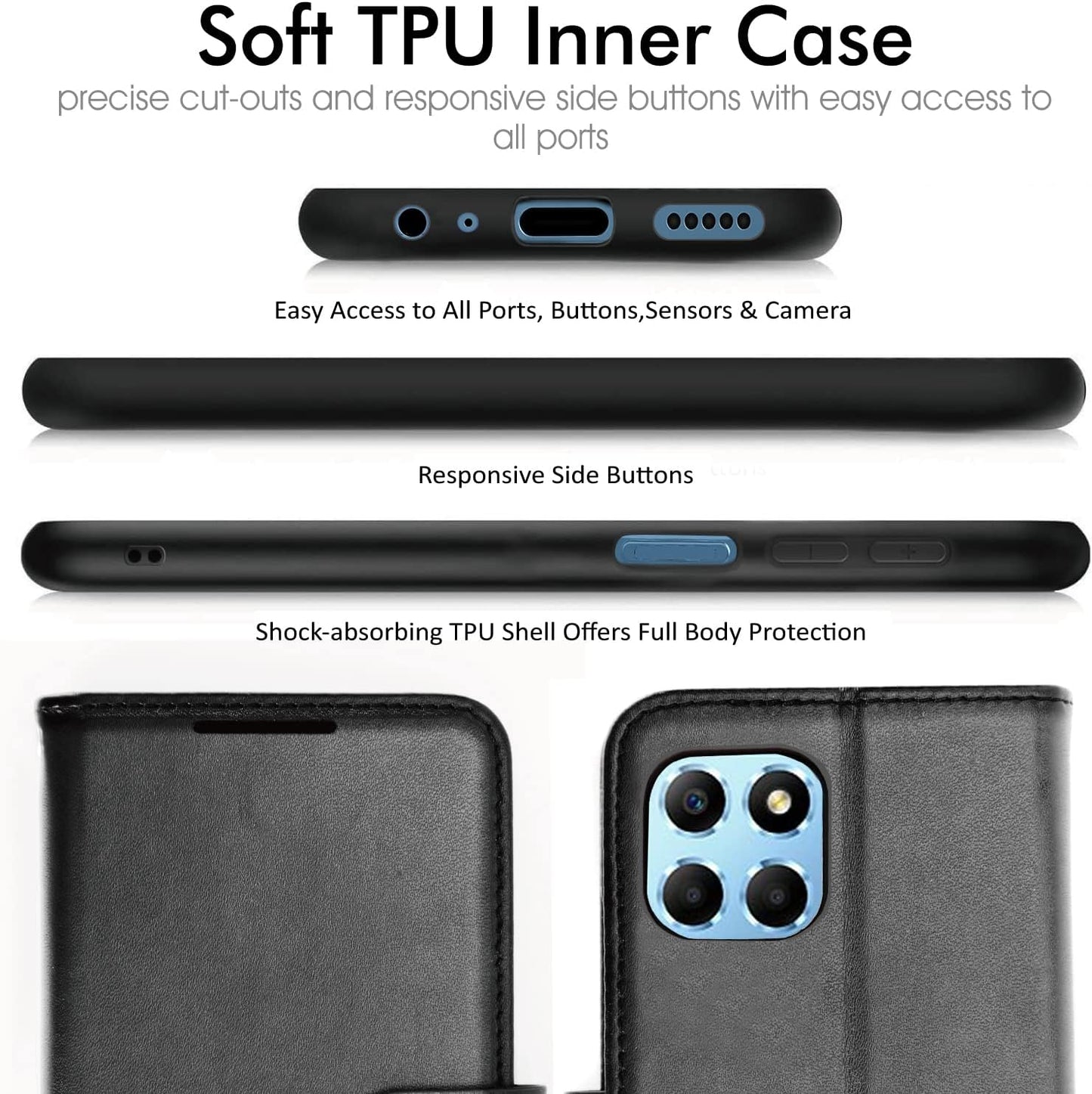 [Wallet Case] Protective Cover with Cash & Card Holder, Stand and Wrist Strap For Honor X6 4G / Honor X8 5G