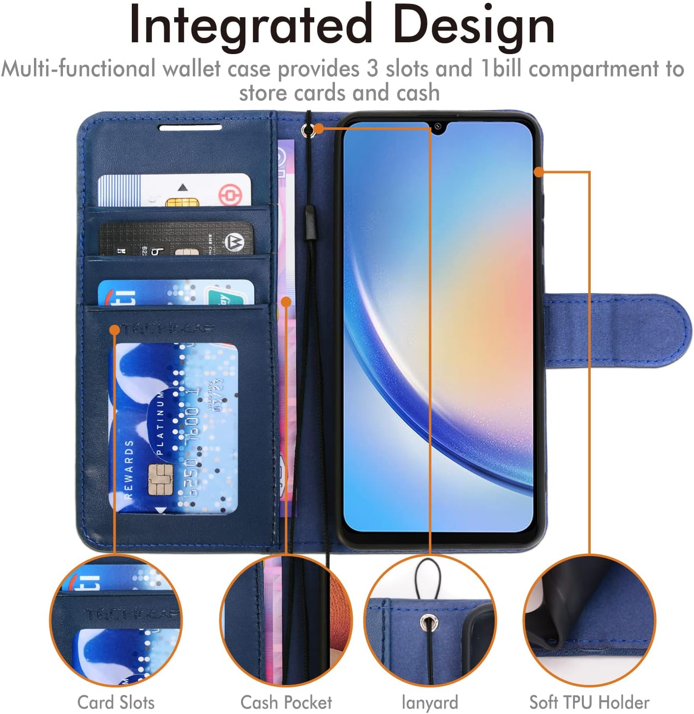 [Wallet Case] Protective Cover with Cash & Card Holder, Stand and Wrist Strap For Samsung A34 5G