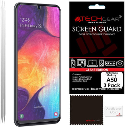 [3 Pack] TECHGEAR Screen Protectors Compatible with Samsung Galaxy A50, CLEAR LCD Screen Protectors Cover Guards