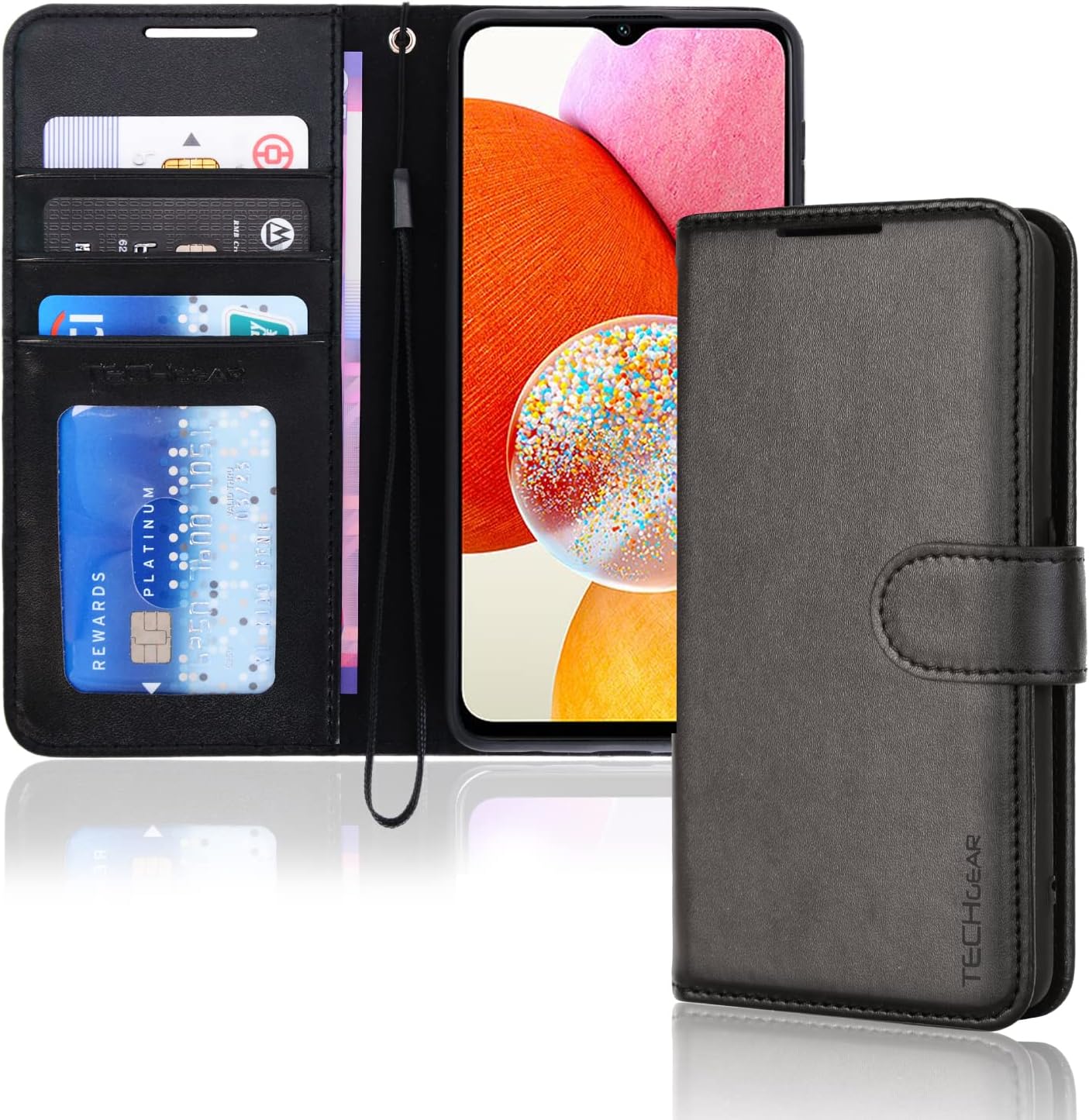 [Wallet Case] Protective Cover with Cash & Card Holder, Stand and Wrist Strap For Samsung A14 5G